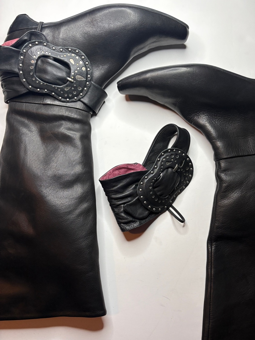 FARYLROBIN Black LEATHER WESTERN removable ankle wrap heeled boots vintage